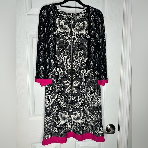 ELIZA J Black/White Floral Pattern Shift Dress With Hot Pink Trim Size 4 - Picture 2 of 4